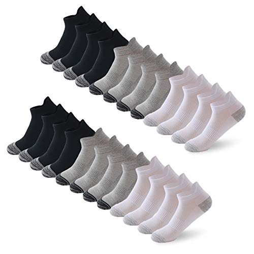 BUDERMMY 12 Pares de Calcetines Tobilleros Deportivos Para Hombres y Mujeres Calcetines de Corte Bajo de Algodón, Blanco/Gris/Negro (Negro*4 + Blanco*4 + Gris*4, 41-46)