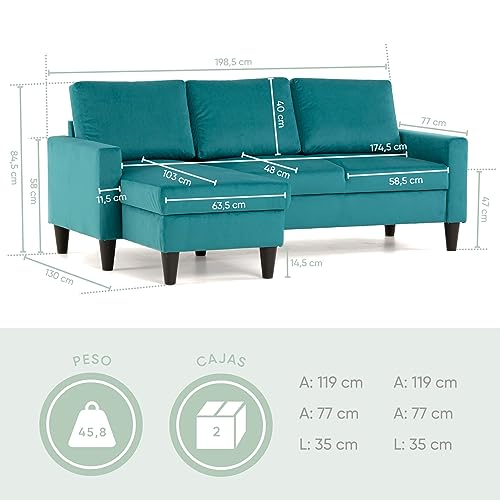 BUDWING Fox Sofá de Salon 3 plazas Chaise Longue Esquinero Rebersible Izquierda o Derecha Tapizado Tela (Turquesa)