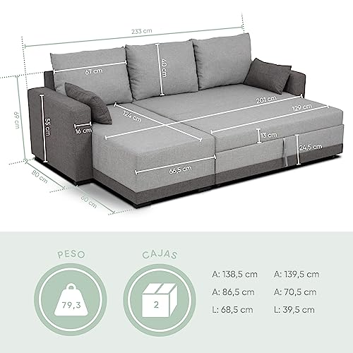 BUDWING Leah sofá Cama de 3 plazas, con Chaise Lounge Reversible - Asiento Izquierdo o Derecho, 2 Cojines incluidos, Tejido Color Gris, Dimensiones -140cm(Fondo) x233cm(Largo) x74,5cm(Alto)