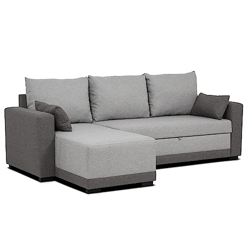 BUDWING Leah sofá Cama de 3 plazas, con Chaise Lounge Reversible - Asiento Izquierdo o Derecho, 2 Cojines incluidos, Tejido Color Gris, Dimensiones -140cm(Fondo) x233cm(Largo) x74,5cm(Alto)