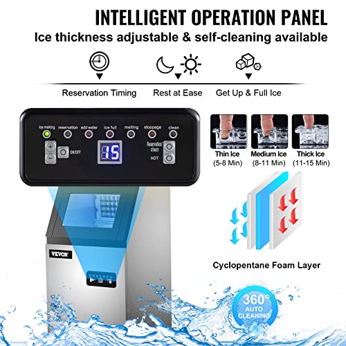 BuoQua Máquina para Hacer Hielo Comercial, 50KG/24 Horas, Máquina de Hielo, de Acero Inoxidable, Máquina para Fabricar Cono de Nieve, Reserva de 5-7 Horas, con Panel de Control LCD y Cuchara de Hielo