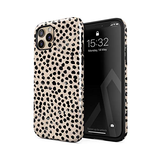 BURGA Funda de teléfono compatible con iPhone 12 PRO MAX – Patrón de lunares negros nude almendra latte moda lindo para niñas resistente a prueba de golpes doble capa carcasa rígida + funda protectora