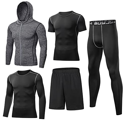 BUYJYA 5 piezas de compresión para hombre, camisa de manga larga, chaqueta atlética, ropa de gimnasio, entrenamiento