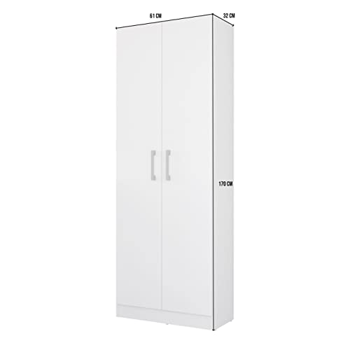 Buyqualia Armario hogar escobero Multiusos Dos Puertas en Color Blanco (Alto 170 cm/Ancho 61 cm/Fondo 32 cm)