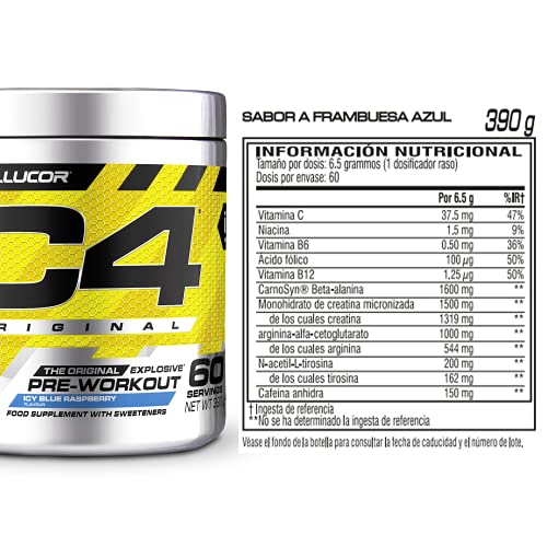 C4 Original - Suplemento en polvo para preentrenamiento - Frambuesa azul | Bebida energética para antes de entrenar | 150 mg de cafeína + beta alanina + monohidrato de creatina | 60 raciones