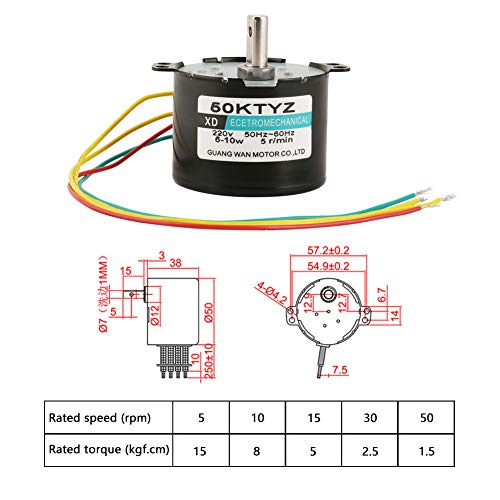 CA 220 (V) 5RPM 10RPM 15RPM 30RPM 50RPM Motor Síncrono de Baja Velocidad, 6-10 W Motor Eléctrico de Bajo Ruido para Máquinas Industriales, Lavavajillas Material Deportivo ect.(5rpm)