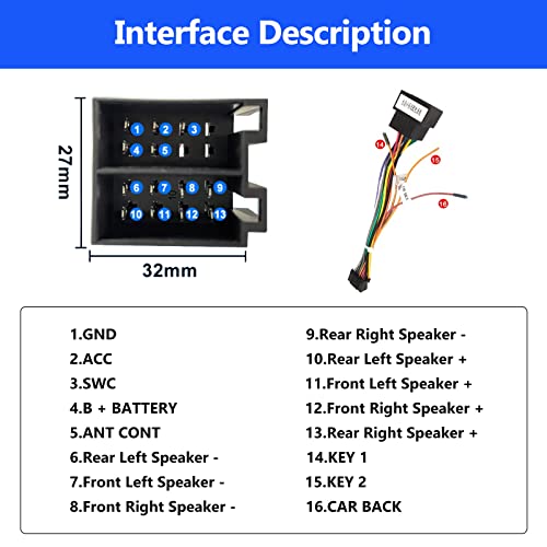 Cable Adaptador de 16 Pines a ISO para Android Radio de Coche, Enchufe Estándar con Líneas de Control del Volante y Línea de Control Inverso