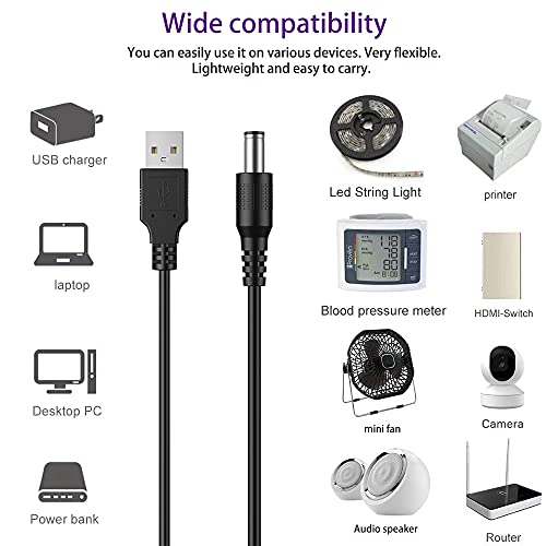 Cable de alimentación USB de 5 V, Cable de Carga Universal 5,5 x 2,1mm con 10 Conectores(5,5 x 2,5, 4,8 x 1,7, 4,0 x 1,7, 4,0 x 1,35, 3,5 x 1,35, 3,0 x 1. 1, 2.5x0.7, Micro USB, Tipo-C, Mini USB) 5FT