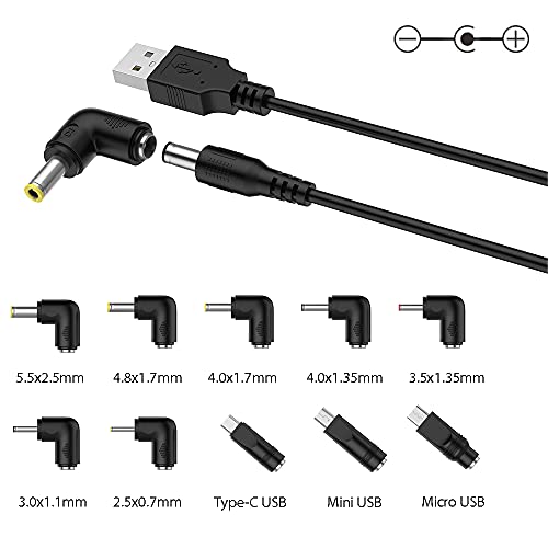 Cable de alimentación USB de 5 V, Cable de Carga Universal 5,5 x 2,1mm con 10 Conectores(5,5 x 2,5, 4,8 x 1,7, 4,0 x 1,7, 4,0 x 1,35, 3,5 x 1,35, 3,0 x 1. 1, 2.5x0.7, Micro USB, Tipo-C, Mini USB) 5FT