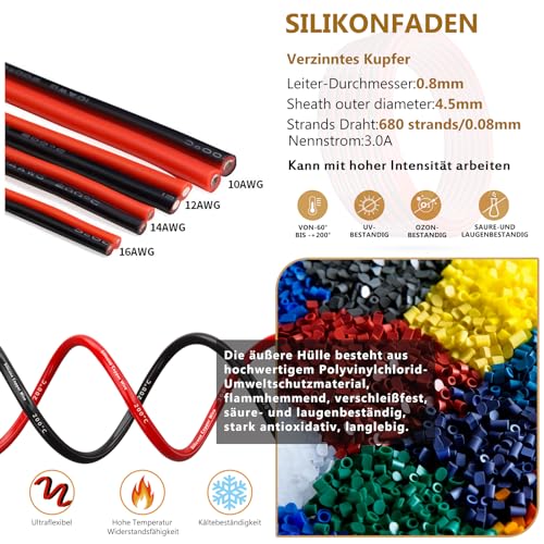 Cable de Silicona Calibre 3,3 mm², THUN-CT 6 metros de Alambre Eléctrico 12 AWG (3 metros en negro y 3 metros en rojo), 680 Hilos Flexibles de Alambre de Cobre Estañado de Alta Temperatura