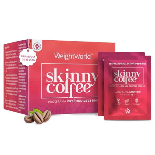 Café Arabica Instanáneo Skinny Coffee Con Café Verde, L-Carnitina, Guaraná, Té Verde Chlorela y Cafeína - Programa de 28 Días de Café Dietético con Fórmula Detox, Soluble, Natural y Vegano