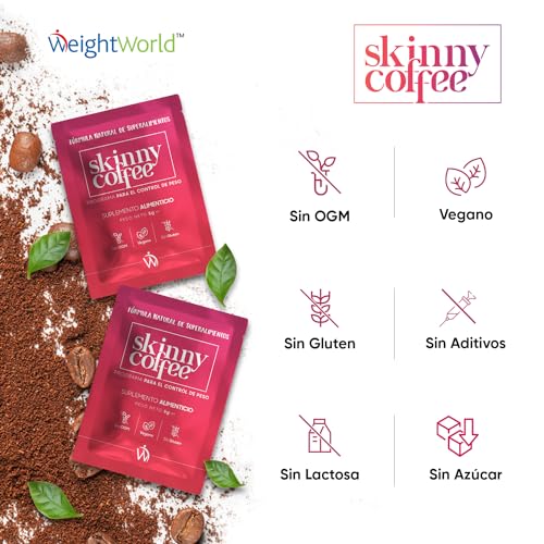 Café Arabica Instanáneo Skinny Coffee Con Café Verde, L-Carnitina, Guaraná, Té Verde Chlorela y Cafeína - Programa de 28 Días de Café Dietético con Fórmula Detox, Soluble, Natural y Vegano