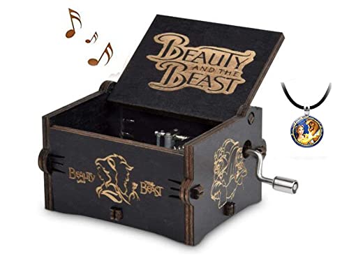 Caja de música de manivela de madera con collar de belleza y la bestia, cajas musicales, regalo de cumpleaños