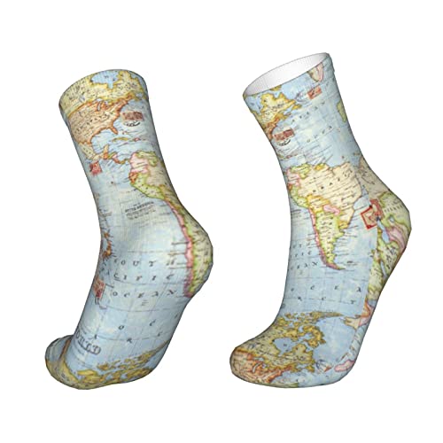 Calcetín corto para hombre y mujer, 30 cm, con matasellado, mapa del mundo, suave, divertido, atlético, calcetines deportivos para fitness, correr, gimnasio y trabajo