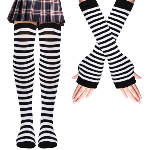 Calcetines Altos Mujer y Guantes Sin Dedos Juego, Calcetines Largos Mujer y Niñas Termicos Invierno, Punk Cosplay Calcetines Hasta la Rodilla a Rayas, Negro y Blancas