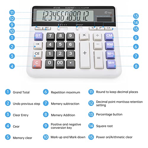 Calculadora, Calculadora Grande con Pantalla Extra Grande de 12 Dígitos, Batería Solar Calculadora Oficina con Botón Grande, Función de Redondeo y Teclas de Retroceso para Negocios, Oficina, Escuela.