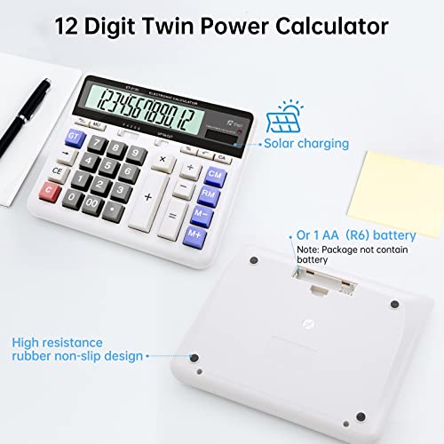 Calculadora, Calculadora Grande con Pantalla Extra Grande de 12 Dígitos, Batería Solar Calculadora Oficina con Botón Grande, Función de Redondeo y Teclas de Retroceso para Negocios, Oficina, Escuela.