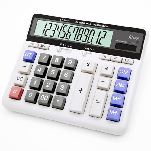 Calculadora, Calculadora Grande con Pantalla Extra Grande de 12 Dígitos, Batería Solar Calculadora Oficina con Botón Grande, Función de Redondeo y Teclas de Retroceso para Negocios, Oficina, Escuela.