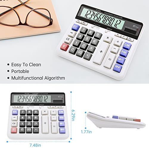 Calculadora, Calculadora Grande con Pantalla Extra Grande de 12 Dígitos, Batería Solar Calculadora Oficina con Botón Grande, Función de Redondeo y Teclas de Retroceso para Negocios, Oficina, Escuela.