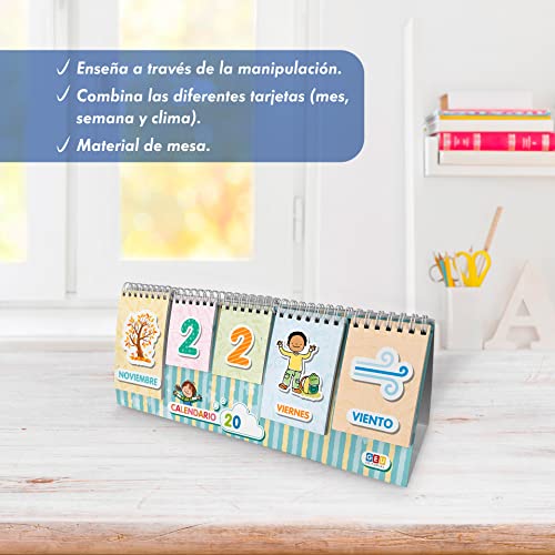 Calendario sobremesa para Niños. Atemporal - Juguete Educativo para Aprender los Días, Estaciones y el Clima. Calendario Infantil - Con Pestañas Combinables con ilustraciones