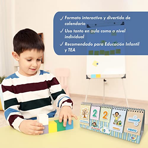 Calendario sobremesa para Niños. Atemporal - Juguete Educativo para Aprender los Días, Estaciones y el Clima. Calendario Infantil - Con Pestañas Combinables con ilustraciones