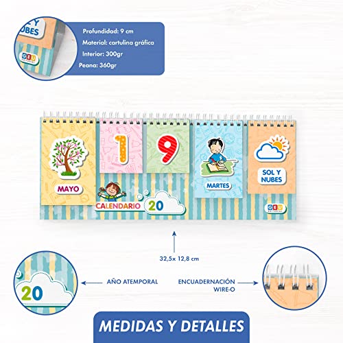 Calendario sobremesa para Niños. Atemporal - Juguete Educativo para Aprender los Días, Estaciones y el Clima. Calendario Infantil - Con Pestañas Combinables con ilustraciones