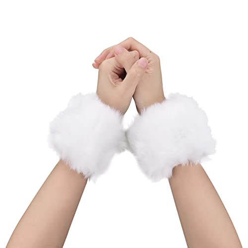 Calentadores de Muñeca de Invierno, Puños de Piel Sintética Arm Warmers Calentadores de Brazos Mujer Cortos Difusos para Mujeres Niñas Disfraz (Blanco)