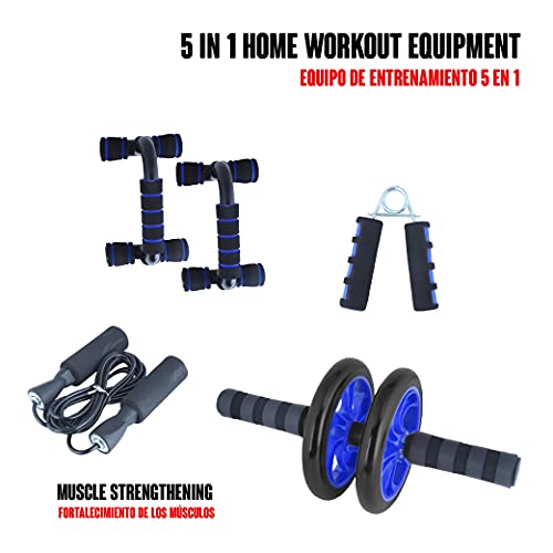 Calma Dragon CDR5e1 Set de Ejercicio en Casa 5 en 1,Rueda Abdominal, Soporte para Flexiones, Fortalecedores de Manos, Cuerda de Saltar, Gimnasio Fitness en el Hogar, Juego de Ejercicio (Azul)