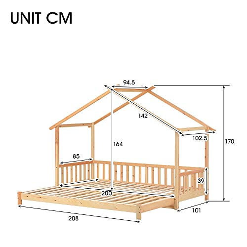 Cama de árbol ampliable, cama infantil, cama de bebé, cama individual y doble, madera maciza pura, natural (200 x 90 cm)