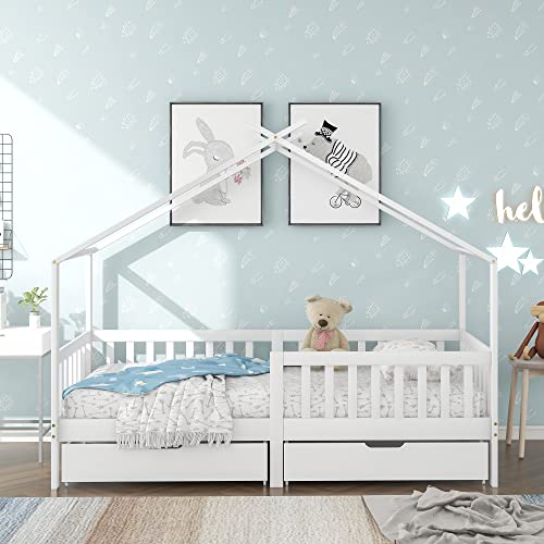 Cama infantil 200 x 90 cm con protección contra caídas, cama infantil de madera versátil para niños y niñas, cama de madera maciza para niños con protección contra caídas y somier (con cajones)