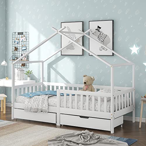 Cama infantil 200 x 90 cm con protección contra caídas, cama infantil de madera versátil para niños y niñas, cama de madera maciza para niños con protección contra caídas y somier (con cajones)