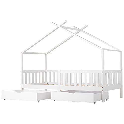 Cama infantil 200 x 90 cm con protección contra caídas, cama infantil de madera versátil para niños y niñas, cama de madera maciza para niños con protección contra caídas y somier (con cajones)