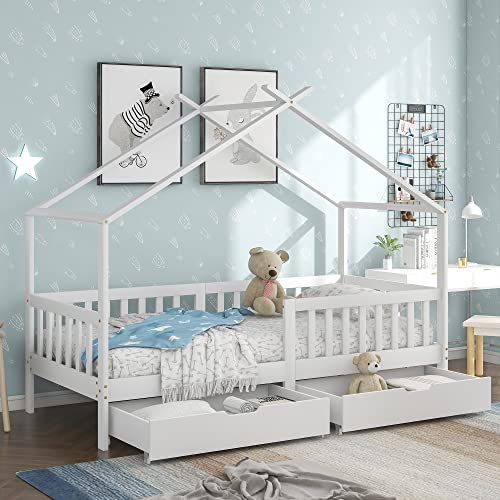 Cama infantil 200 x 90 cm con protección contra caídas, cama infantil de madera versátil para niños y niñas, cama de madera maciza para niños con protección contra caídas y somier (con cajones)