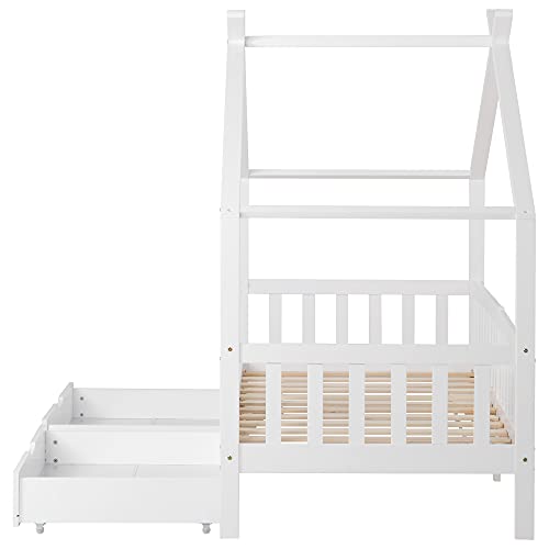 Cama infantil 200 x 90 cm con protección contra caídas, cama infantil de madera versátil para niños y niñas, cama de madera maciza para niños con protección contra caídas y somier (con cajones)