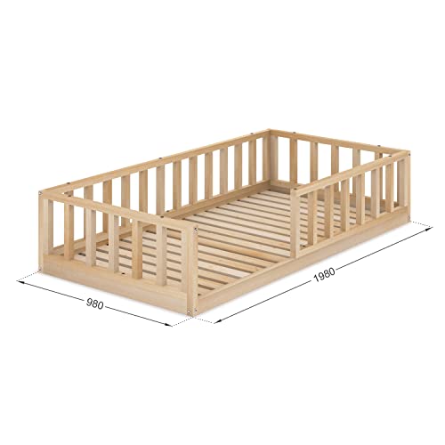 Cama Infantil Tipo Montessori Nube, con somier y Barrera barandilla, en Madera Natural para niño y niña, 90x190 cm