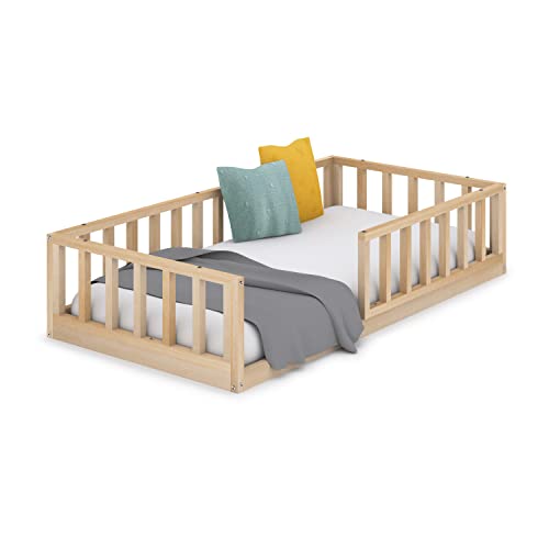 Cama Infantil Tipo Montessori Nube, con somier y Barrera barandilla, en Madera Natural para niño y niña, 90x190 cm