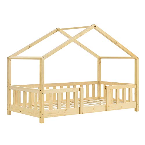 Cama para niños de Madera Pino 70 x 140 cm Cama Infantil con Reja Protectora Casita Forma de casa Pino Natural