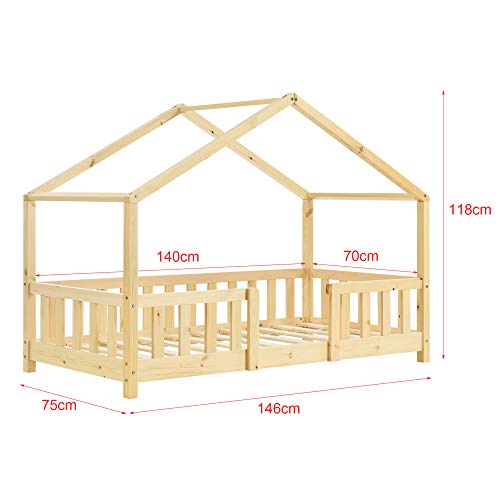 Cama para niños de Madera Pino 70 x 140 cm Cama Infantil con Reja Protectora Casita Forma de casa Pino Natural