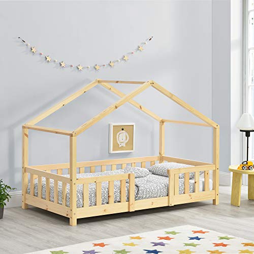 Cama para niños de Madera Pino 70 x 140 cm Cama Infantil con Reja Protectora Casita Forma de casa Pino Natural