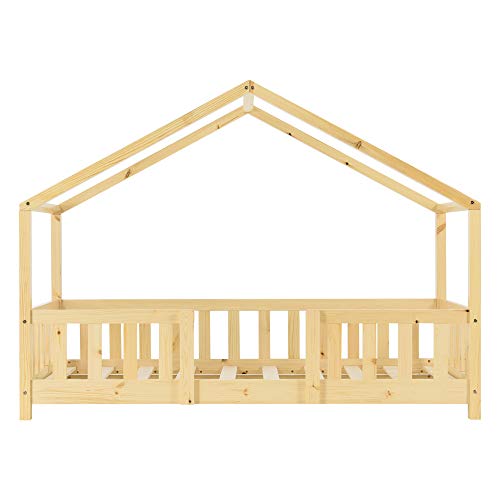 Cama para niños de Madera Pino 70 x 140 cm Cama Infantil con Reja Protectora Casita Forma de casa Pino Natural