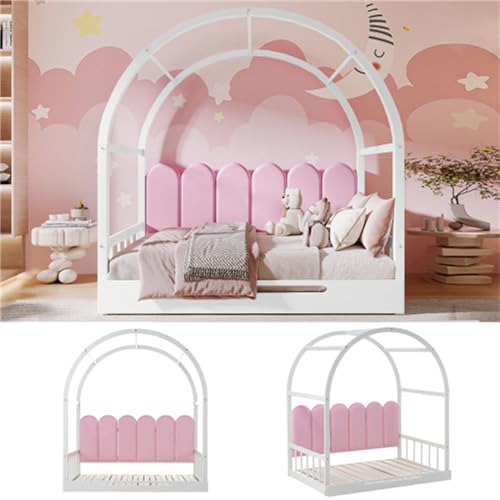 Cama plegable plegable de 140 x 100 cm y 140 x 200 cm, con respaldo acolchado y somier de láminas de madera de pino, protección contra caídas, adecuada para niños y niñas (blanco y rosa)