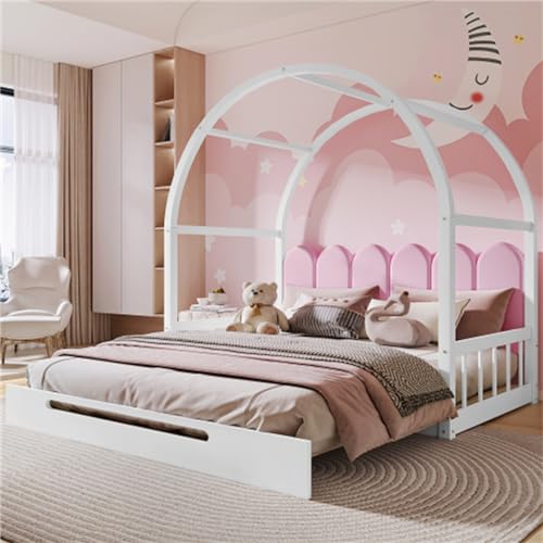 Cama plegable plegable de 140 x 100 cm y 140 x 200 cm, con respaldo acolchado y somier de láminas de madera de pino, protección contra caídas, adecuada para niños y niñas (blanco y rosa)