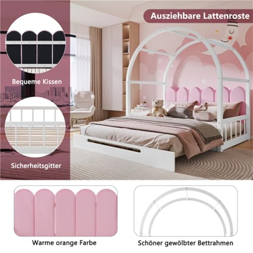 Cama plegable plegable de 140 x 100 cm y 140 x 200 cm, con respaldo acolchado y somier de láminas de madera de pino, protección contra caídas, adecuada para niños y niñas (blanco y rosa)