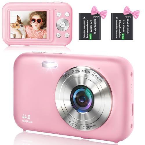 Cámara de Fotos, Cámara Digital HD 1080P 44MP, Cámara Digital Compacta, 2,5 Pulgadas LCD Recargable Camara de Fotos Digital con Zoom 16X Camara Digitales Compacta para Niño, Adulto(Rosa)