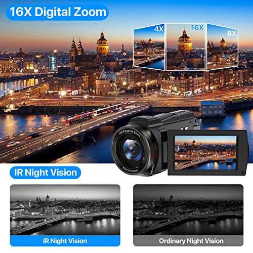 Cámara de Video 4K Videocámara 48MP UHD WiFi IR Visión Nocturna Cámara de Video para YouTube 16X Zoom Digital Pantalla Táctil Cámara con Micrófono,Estabilizador de Mano,Lente Hood,Remoto,2 Baterías