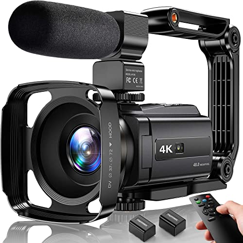 Cámara de Video 4K Videocámara 48MP UHD WiFi IR Visión Nocturna Cámara de Video para YouTube 16X Zoom Digital Pantalla Táctil Cámara con Micrófono,Estabilizador de Mano,Lente Hood,Remoto,2 Baterías