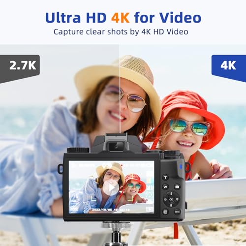 Cámara Digital 4K, CCN 64MP Cámara de Fotos con Pantalla táctil de 3.0 ", 16X Zoom Digital Cámara compacta con función WiFi, con Bolsa de cámara, Capucha, 32GB TF Card, Negro