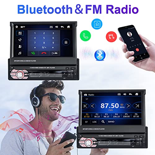 CAMECHO Bluetooth 1 DIN Pantalla Extensible motorizada, Radio de Coche con Pantalla de 7 Pulgadas Cámara de Marcha atrás Radio de Coche con Pantalla táctil abatible con BT/AUX/USB/TF/Mirror Link