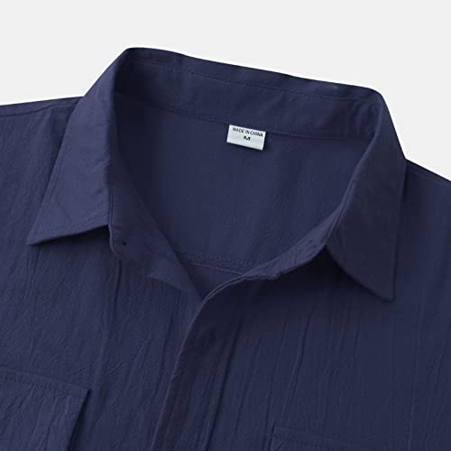 Camisa rusa para hombre, manga corta, doble bolsillo, cuello vuelto, camisa con botones, camisa de algodón para hombre, marine, XXXL