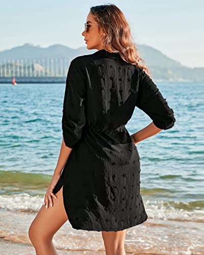 Camisa Suelto de Bikini Mujer Vestidos Verano para Mujer Botón de Bolsillo Camisa de Playa Camisa de Playa Cuello en V Manga 3/4 Cárdigan Cover Up,Negro